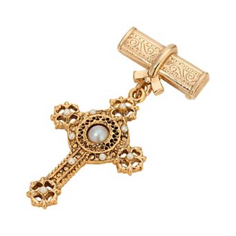 Symbols of Faith Gold-Tone Faux Pearl Cross Pin