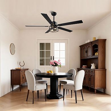 60" Industrial Reversible Wood 5-Blade Black Ceiling Fan with Remote and APP Control