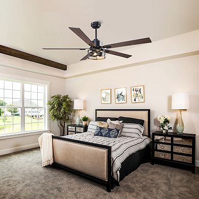60" Industrial Reversible Wood 5-Blade Black Ceiling Fan with Remote and APP Control