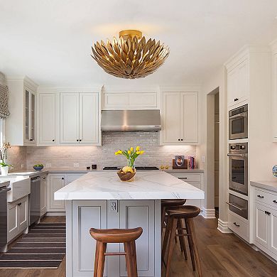 Parrot Uncle Antique Gold Olive Leaf 3-Light Semi Flush Mount Ceiling Light