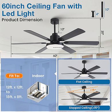 60" Modern Black 6-Blade Dimmable LED Ceiling Fan with Light and Remote