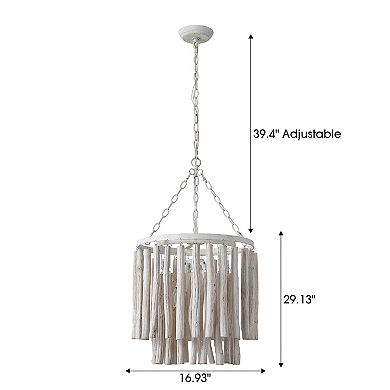 Parrot Uncle 17" Rustic 4-Light 2-Tier Round Fringe White Wood Chandelier