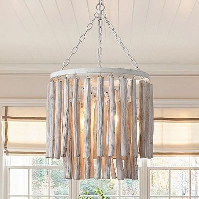 Parrot Uncle 17" Rustic 4-Light 2-Tier Round Fringe White Wood Chandelier