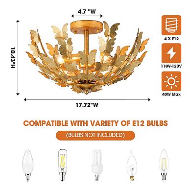 Parrot Uncle Antique Gold 4-Light Butterfly Bowl Semi Flush Mount Ceiling Light