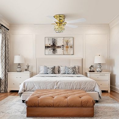 48-inch Antique Brass Glam Crystal Low Profile Ceiling Fan with Light and Remote Control