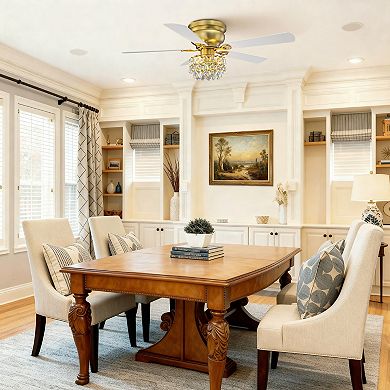 48-inch Antique Brass Glam Crystal Low Profile Ceiling Fan with Light and Remote Control