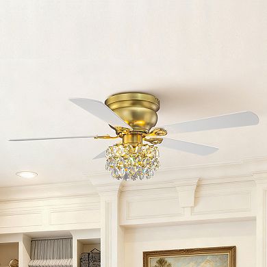 48-inch Antique Brass Glam Crystal Low Profile Ceiling Fan with Light and Remote Control