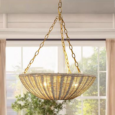 Parrot Uncle Coastal Beige Rattan 3-Light Woven Wicker Convertible Chandelier Light