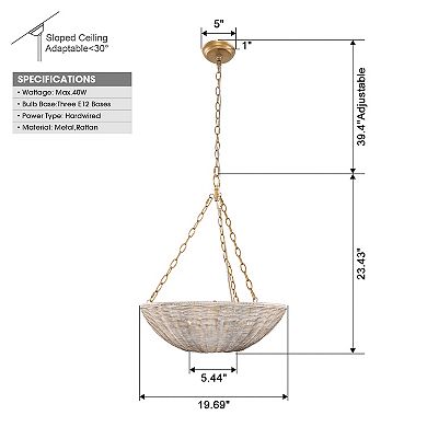 Parrot Uncle Coastal Beige Rattan 3-Light Woven Wicker Convertible Chandelier Light