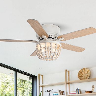 48" French Country White Wood Beads Low Profile Ceiling Fan with Remote