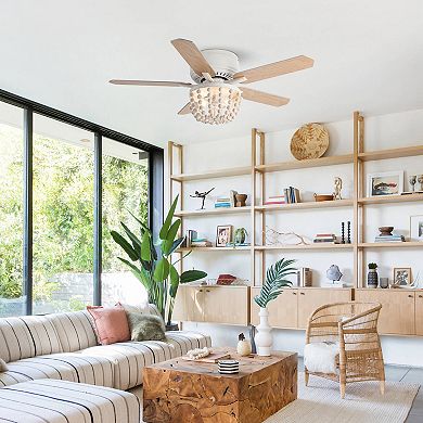 48" French Country White Wood Beads Low Profile Ceiling Fan with Remote