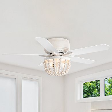 48" French Country White Wood Beads Low Profile Ceiling Fan with Remote