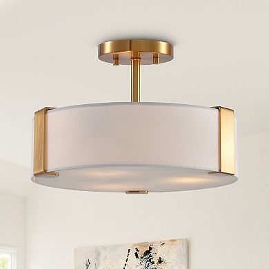 Parrot Uncle 14" Modern Gold Drum Semi-Flush Mount Ceiling Light with Fabric Shade