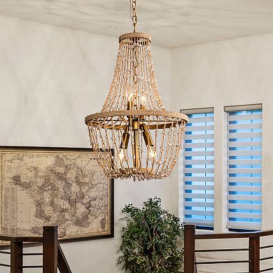 Parrot Uncle Bohemian Natural Brown Hemp Rope 4-Light Basket Chandelier