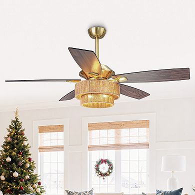 52" Farmhouse Natural Reversible 5-Blade Gold Ceiling Fan with Remote
