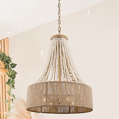 Parrot Uncle 4-Light Bohemian Woven Hemp Rope Wood Beads Empire Chandelier