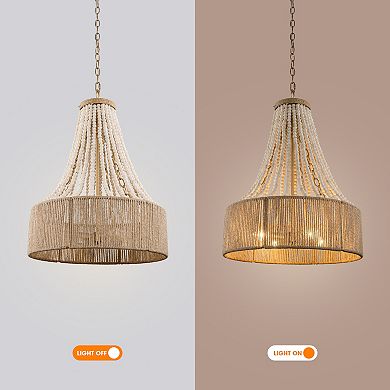 Parrot Uncle 4-Light Bohemian Woven Hemp Rope Wood Beads Empire Chandelier