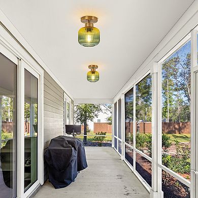 Parrot Unlce 5.9" Wide Modern Gold Semi Ceiling Light Flush Mount with Green Glass