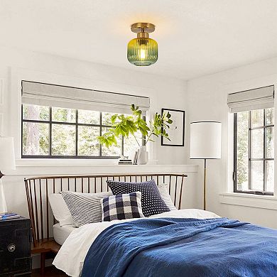 Parrot Unlce 5.9" Wide Modern Gold Semi Ceiling Light Flush Mount with Green Glass