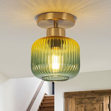 Parrot Unlce 5.9" Wide Modern Gold Semi Ceiling Light Flush Mount with Green Glass