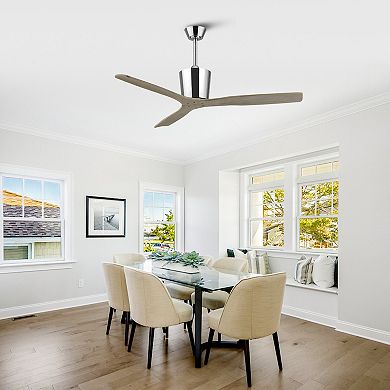 54" Modern Gold Solid Wood 3-Blade Indoor Outdoor Ceiling Fan with Remote, No Light