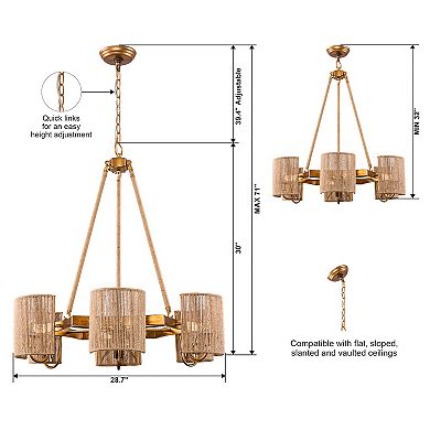 Parrot Uncle 6-Light Bohemian Natural Jute Rope Woven Chandelier Pendent Ceiling Light