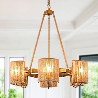 Parrot Uncle 6-Light Bohemian Natural Jute Rope Woven Chandelier Pendent Ceiling Light