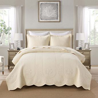 Marcielo 3 pc 100% Cotton Embroidered Bedspread Set with Floral Stitching & Scalloped Edge