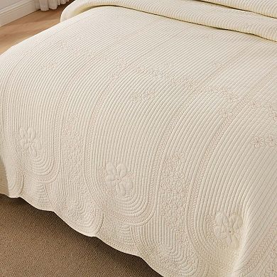 Marcielo 3 Pcs 100% Cotton Embroidered Bedspread Set with Floral Stitching & Scalloped Edge