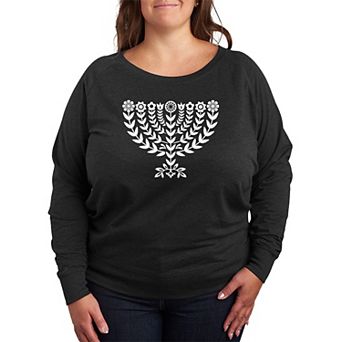 Plus Size Women's Hanukkah Menorah Florals French Terry Long Sleeve Tee