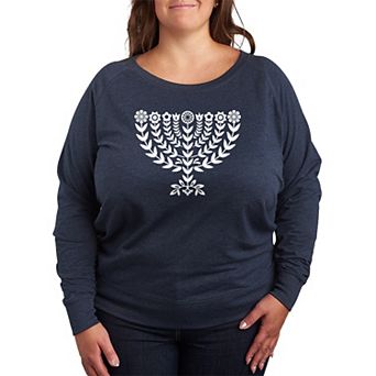 Plus Size Women's Hanukkah Menorah Florals French Terry Long Sleeve Tee
