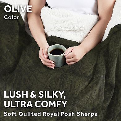 Sunbeam Quilted Royal Posh Velvet & Sherpa Reversible Heated Throw Blanket