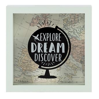 New View Gifts & Accessories Wooden 6" x 6" Explore Dream Discover Box Bank