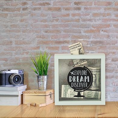 New View Gifts & Accessories Wooden 6" x 6" Explore Dream Discover Box Bank