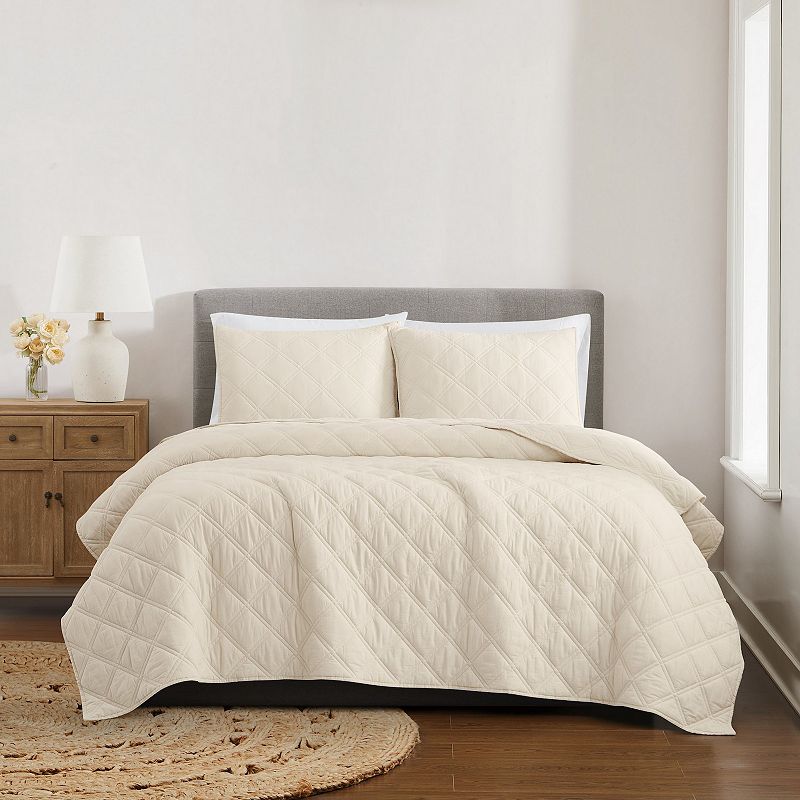 Brooklyn Loom Diamond Washed Cotton Quilt Set with Shams, Natural