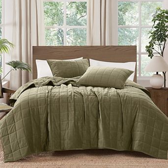Brooklyn Loom Cotton Matte Velvet Box Stitch Quilt Set with Shams