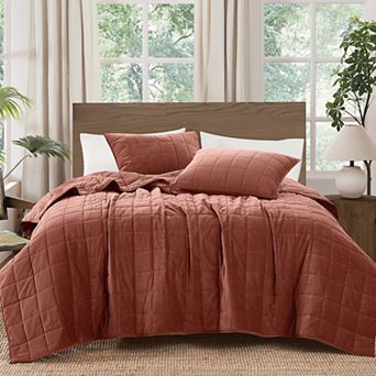 Brooklyn Loom Cotton Matte Velvet Box Stitch Quilt Set with Shams