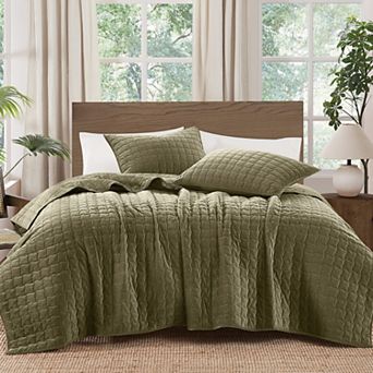Brooklyn Loom Cotton Velvet Wavy Square Quilt Set with Shams