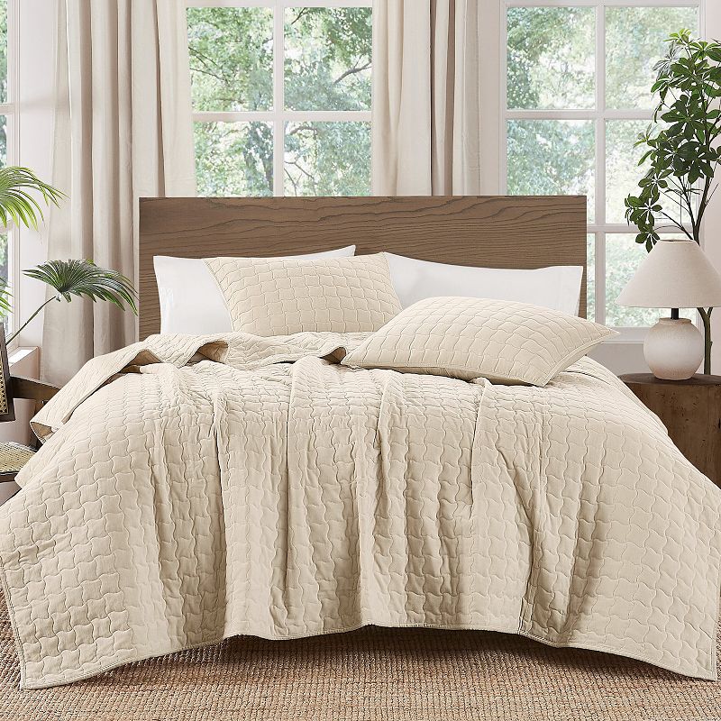 Brooklyn Loom Cotton Velvet Wavy Square Quilt Set with Shams, Off White