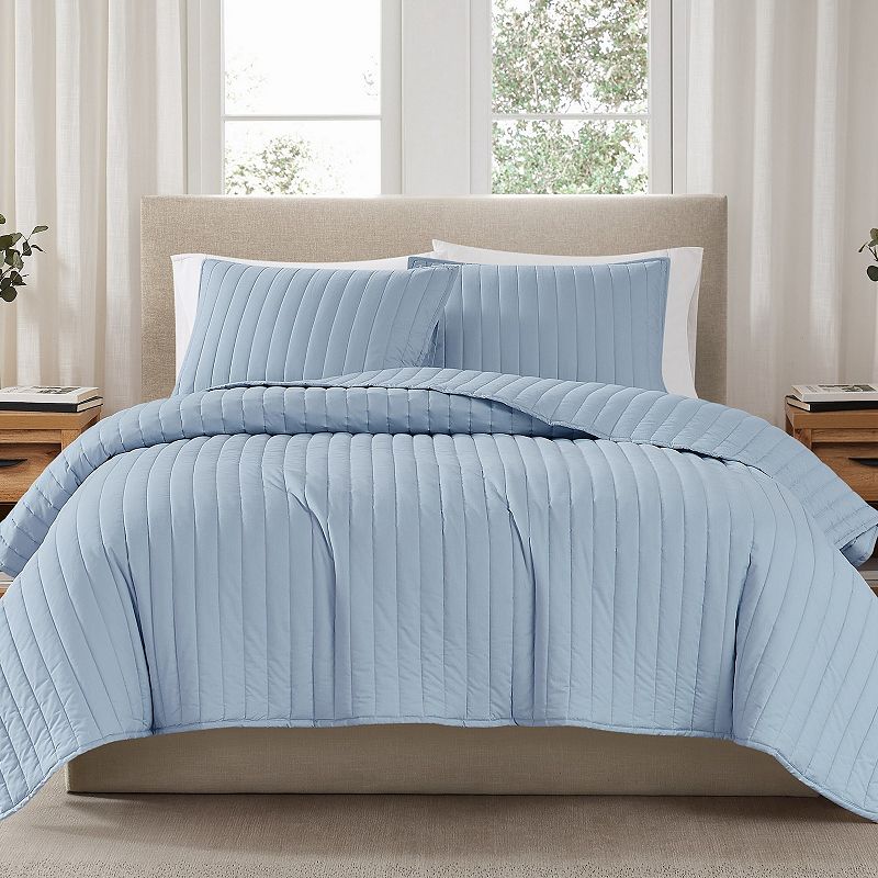 Brooklyn Loom Solid Cotton Percale Quilt Set with Shams, Blue
