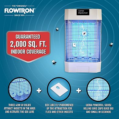 Flowtron Diplomat Indoor Bug Zapper, 2000 Sq Ft Electric Fly & Insect Killer W/120W UV Light & More