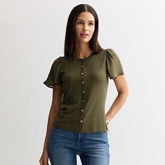 Women's Nine West Mixed Media Flutter Sleeve Top