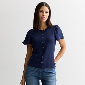 Women's Nine West Mixed Media Flutter Sleeve Top