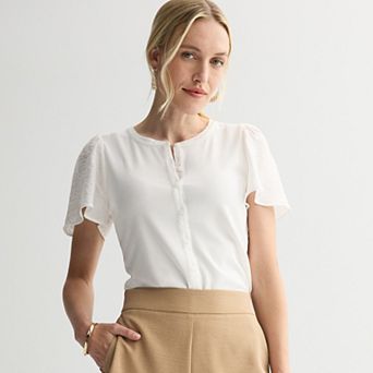 Women's Nine West Mixed Media Flutter Sleeve Top