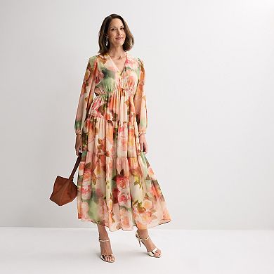 Women's Robbie Bee Long Sleeve V-Neck Tiered Maxi Dress