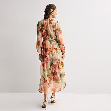 Women's Robbie Bee Long Sleeve V-Neck Tiered Maxi Dress