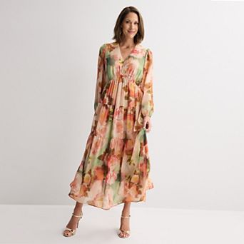 Petite Robbie Bee Long Sleeve V-Neck Tiered Maxi Dress