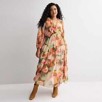 Plus Size Robbie Bee Long Sleeve V-Neck Tiered Maxi Dress