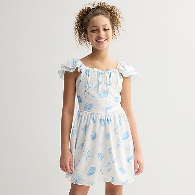 Girls 7-16 Rare Editions Flutter Dress with Seashell Print, Girl's, Size: 12, White Blue