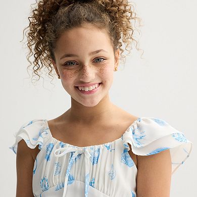 Girls 7-16 Rare Editions Ruched Bust Flutter Dress with Seashell Print